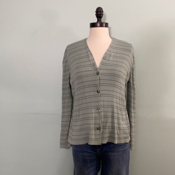 Vintage Jones New York Green Striped Button Front Cardigan - Picture 1 of 4